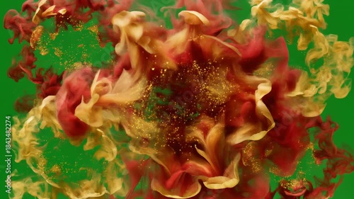 Explosion of vibrant colors and glittering particles on a green screen, abstract fluid dynamics and motion graphics