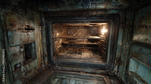 View of a dirty oven interior showing old racks and a rusty surface in a kitchen setting
