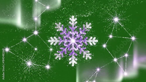 Abstract Purple Snowflake with Geometric Constellations on Green Background