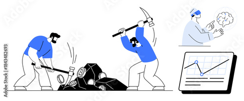 Miners breaking rocks with tools, scientist interacting with brain interface, chart with rising graph. Ideal for technology, data analysis, teamwork, resource extraction, innovation, science