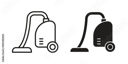 Vacuum cleaner icons. Solid black silhouette and line art outline. Minimal design element,