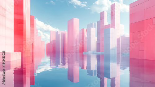 City built on enormous floating geometric shapes in futuristic surreal architecture.