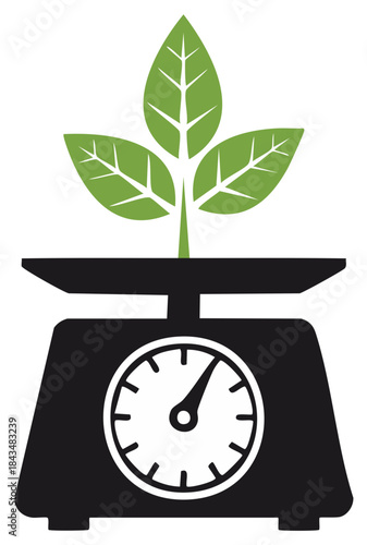 Green seedling growing on a kitchen scale symbolizing organic food or agriculture measurement