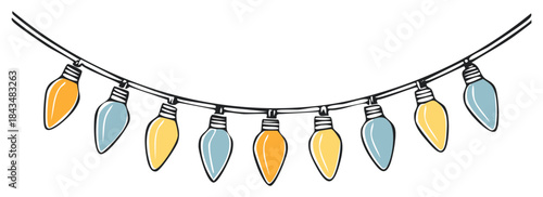 Festive holiday garland with colorful light bulbs in a hand drawn doodle style