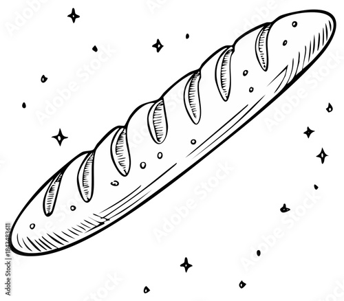 Hand drawn sketch of a long crusty bread loaf with simple starry embellishments