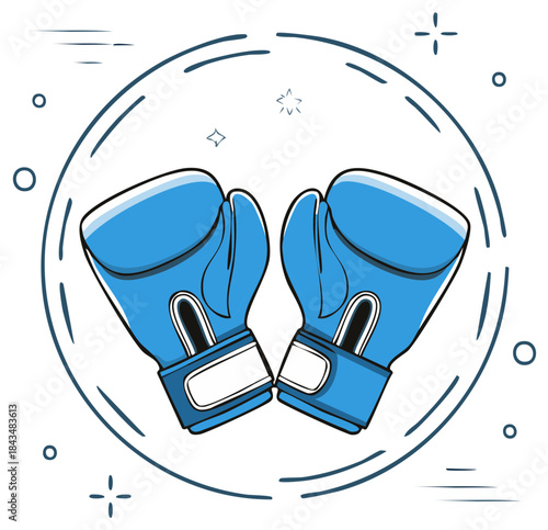 Cartoon-style blue boxing gloves inside a decorative circular frame, sports equipment.