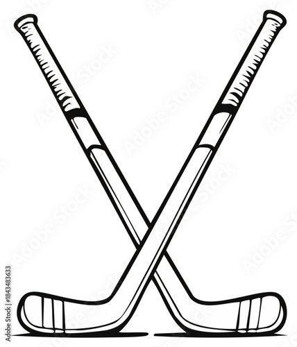 Hockey Sticks Crossed, Sport Equipment, Black Outline Illustration for Games and Ice Hockey