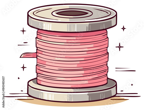 Simple cartoon illustration of a shiny pink thread spool for sewing and crafts