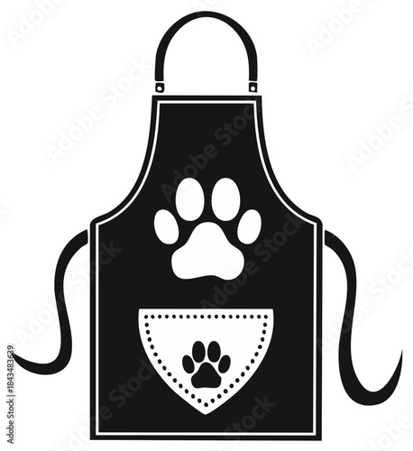 Black Grooming Apron with White Paw Print Designs and Pocket