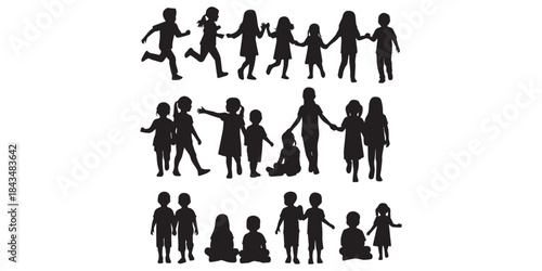 Children silhouette icons, playful poses, standing kids, sitting children, jumping figures, dancing silhouettes, vector illustration, black pictograms, expressive body language,