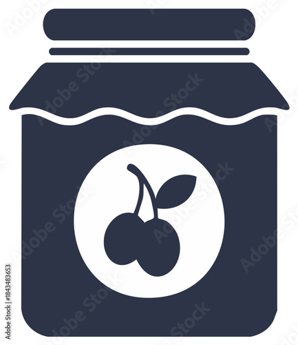 Cherry jam jar graphic icon with white circular label.