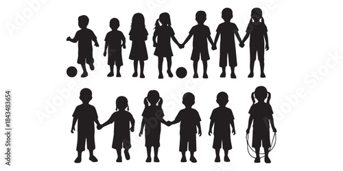 Children silhouette icons, playful poses, standing kids, sitting children, jumping figures, dancing silhouettes, vector illustration, black pictograms, expressive body language,