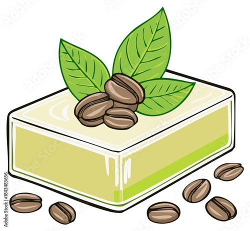 Handmade bar of soap with coffee beans and green leaves, natural bath and body product sketch style drawing, body care