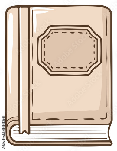 Illustrated closed hardcover book with blank ornate label and bookmark