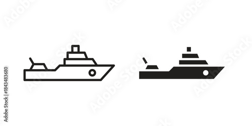 Warship icons. Solid black silhouette and line art outline. Minimal design element,