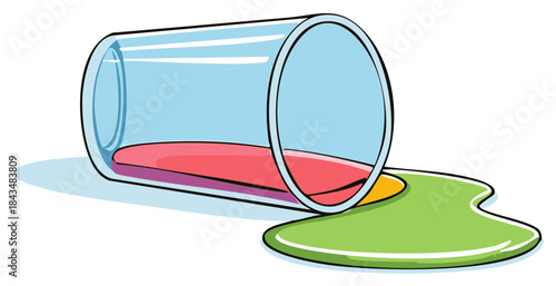 Colorful spilled liquid from a tipped over drinking glass cartoon illustration