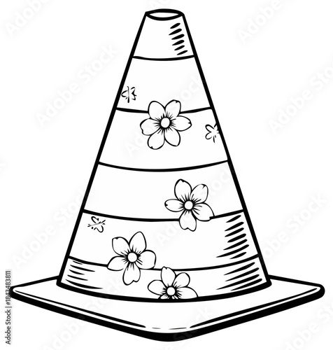 Vector illustration traffic cone with flower pattern. Isolated road sign with floral design.