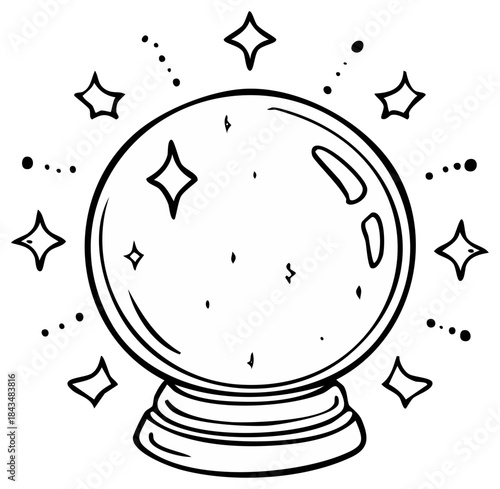 Illustration of a crystal ball with stars and dots, black and white