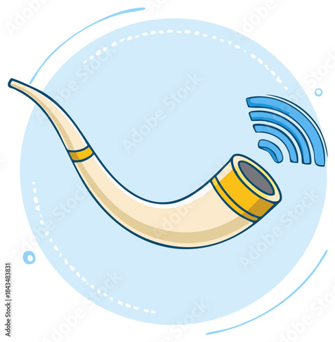 Illustration of Shofar with Sound Waves in Light Blue Bubble Graphic Cartoon