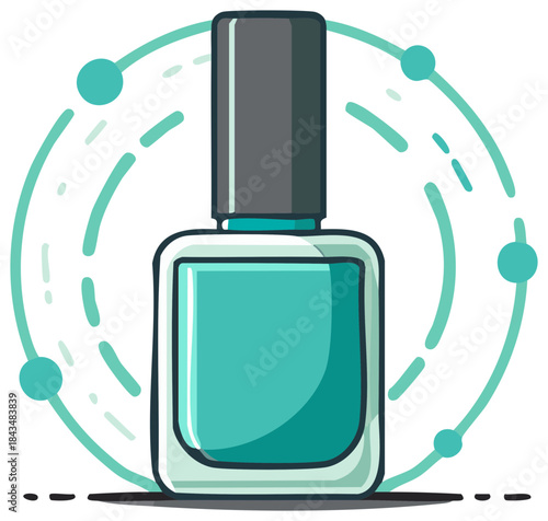Turquoise nail polish bottle illustration with abstract circle design, cosmetic product.