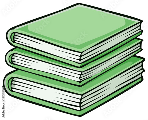 Illustration of a stack of three books with light green covers piled on top of each other for school or educational usage