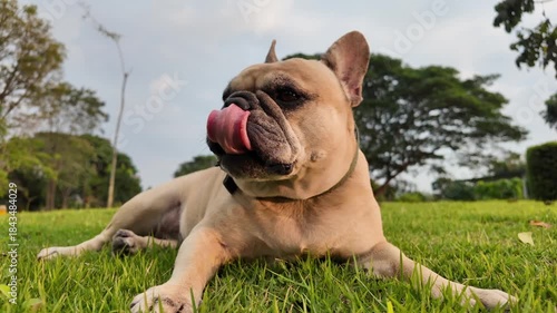Playful French Bulldog: A charming French bulldog, with a mischievous grin and tongue playfully sticking out, relaxes lazily on a vibrant, green lawn. A picture perfect moment of canine bliss.