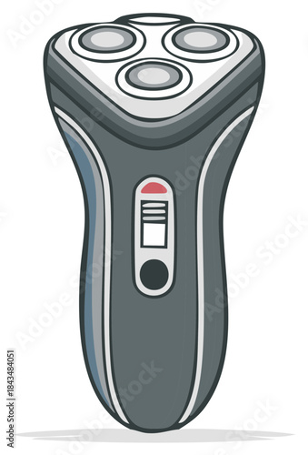 Gray rotary electric shaver with three shaving heads and indicator light