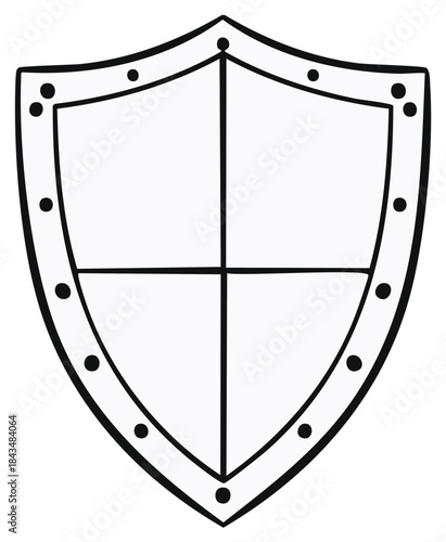 Black and white shield illustration with rivets, cartoon style, medieval concept.