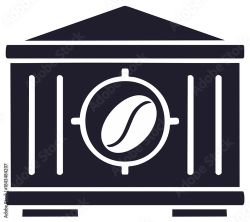 Stylized coffee bean warehouse emblem, minimalist icon, dark logo graphic for coffee company branding, roaster or cafe, modern flat design