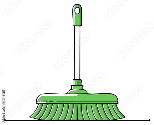 Green broom graphic with a long handle, sweeping tool, cleaning supplies.