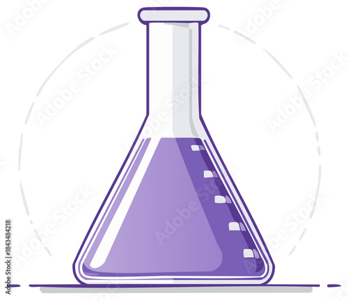 Cartoon illustration of a laboratory flask filled with purple liquid for science or chemical studies.