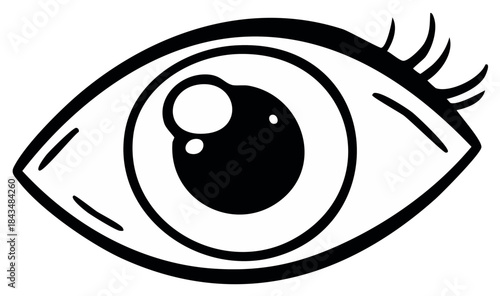 Simple black and white line art illustration of a human eye with long eyelashes