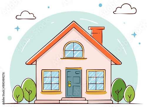 Stylized Cartoon House with Trees and Clouds Illustration Concept