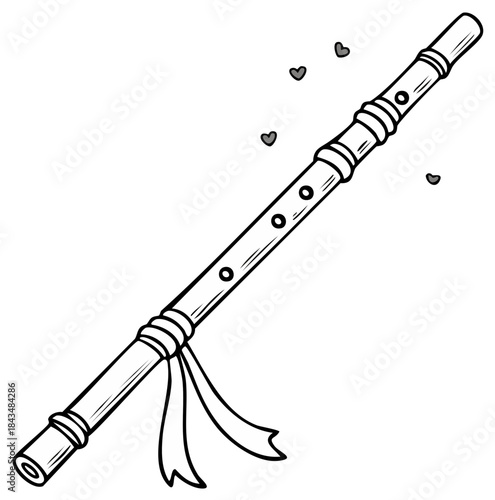 Illustrated flute with heart symbols in black and white