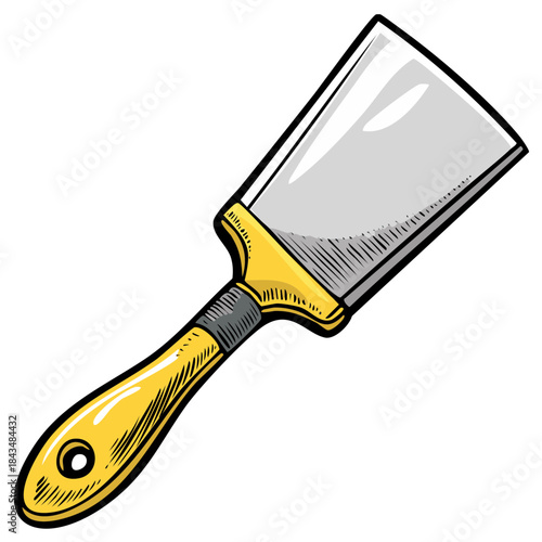 Yellow handle putty knife scraper tool for home improvement, comic style vector illustration of a hand tool