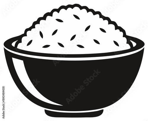 Simple black and white graphic icon of a full bowl of fluffy cooked rice grains