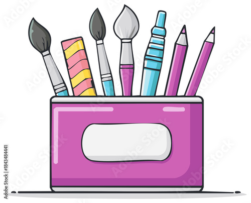 Art Supplies in a Purple Container with Pencils and Paintbrushes Vector Illustration