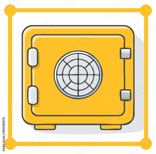 Bright yellow safe icon with a circular lock mechanism and silver accents, framed by a yellow border.