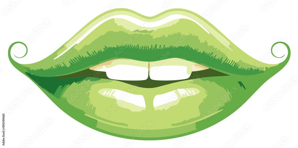 Fototapeta premium Stylized green lips with swirly details illustration for fashion and beauty