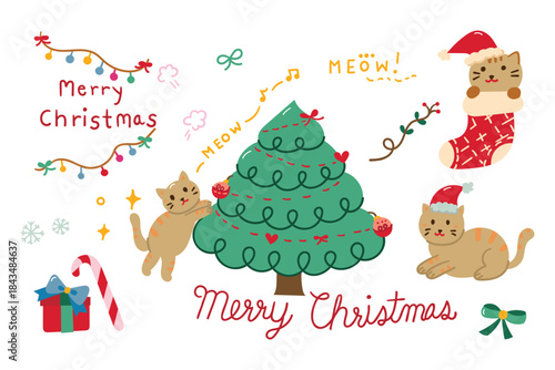 Hand drawn christmas ornaments set includes cat, gift box with bow, string lights, tree vector design.