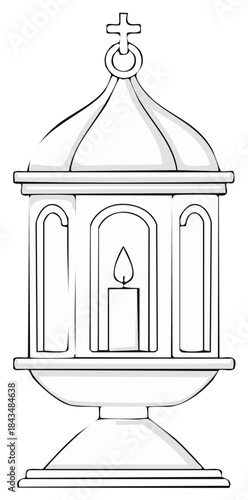 Decorative church lantern with candle and cross on top, drawing style