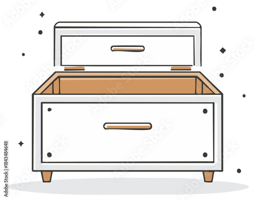 Open drawer chest illustration, storage container graphic, outline design.