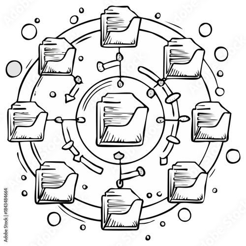 Data exchange diagram featuring multiple files in a circular configuration, symbolizing communication and collaboration.