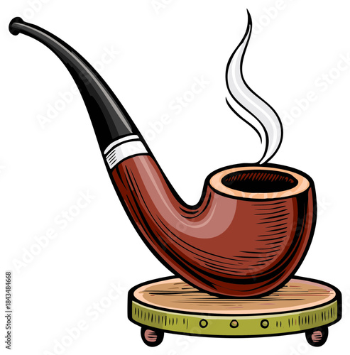 Classic wooden smoking pipe with smoke on a holder stand in a retro cartoon illustration style