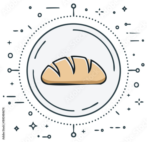 Rustic Loaf Cartoon in Circular Frame with Flourish Design Elements