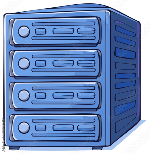 Cartoon illustration of a blue server cabinet, modern data storage concept.