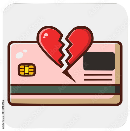 Broken heart over credit card, cartoon style illustration of financial loss, love, or debt