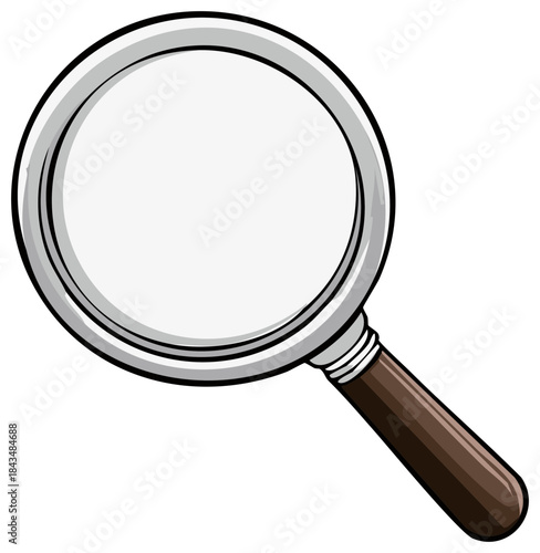 Magnifying glass illustration with a silver frame and a wooden handle for research