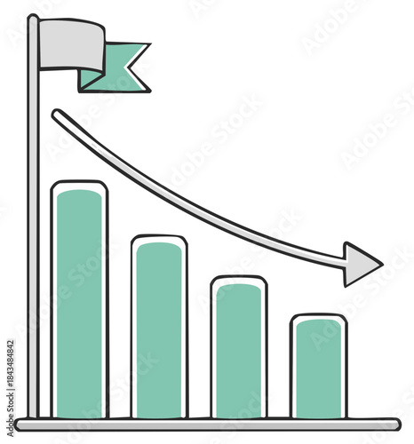 Illustration of a declining bar chart with a flag on a pole and a downward trend arrow