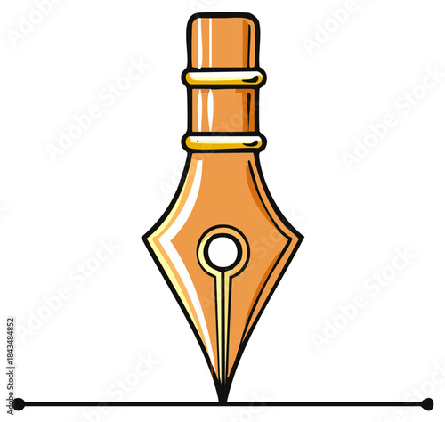Detailed illustration of an ornate golden fountain pen nib drawing a straight line